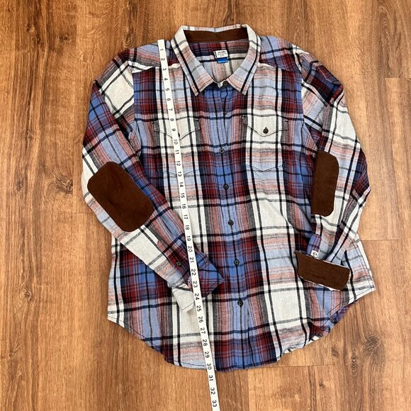 Kavu Flannel Blue Brown Plaid Corduroy Elbow Patch Outdoor Size XL - Picture 6 of 11